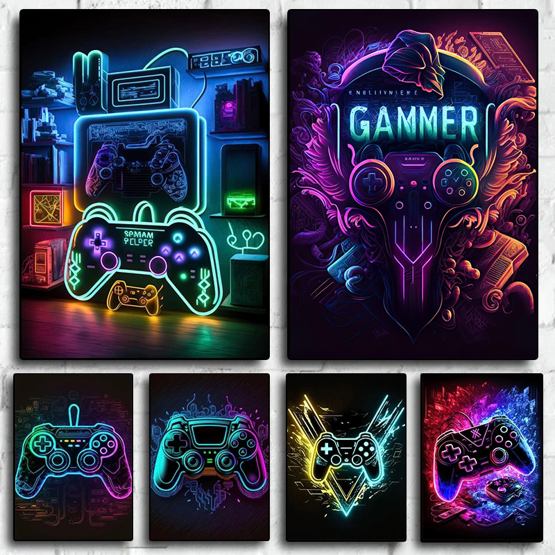 Esports Gaming Houses - ملصق فني حائطي عصري بتصميم نيون